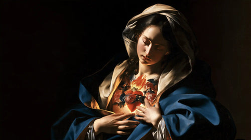 the Immaculate Heart of Mary in dramatic chiaroscuro in Caravaggio Tenebrism style, landscape Christian artwork no. 11