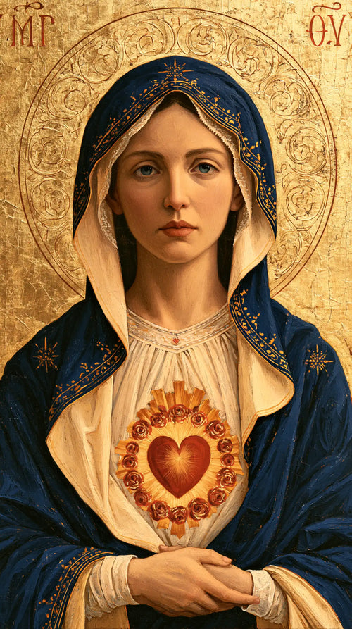 the Immaculate Heart of Mary in a contemporary Byzantine icon in Contemporary Byzantine style, portrait Christian artwork no. 6
