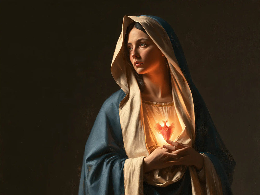 the Immaculate Heart of Mary in a minimalist composition in Contemporary Minimalism style, landscape Christian artwork no. 2