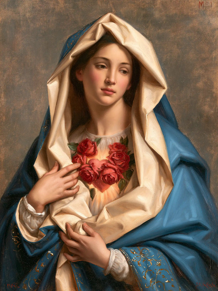 The Immaculate Heart of Mary — The Crimson Bouquet Between Ivory Folds