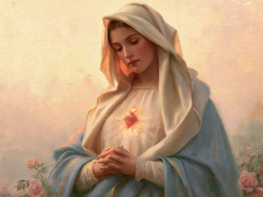 the Immaculate Heart of Mary at dawn in The Immaculate Heart at Dawn style, landscape Christian artwork no. 5
