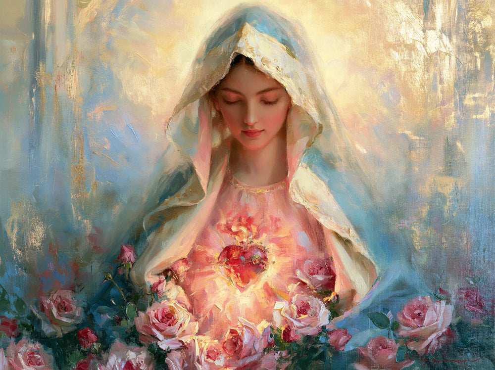 the Immaculate Heart of Mary in an impressionist atmosphere in Impressionist style, landscape Christian artwork no. 11