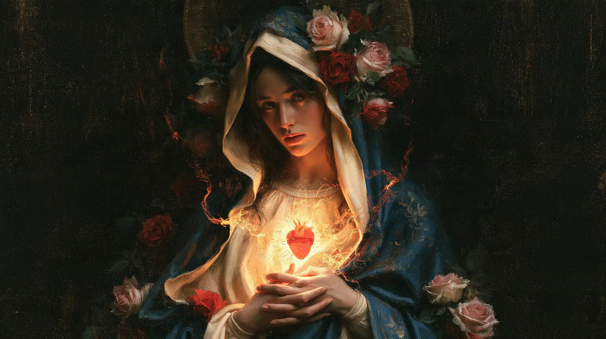 Mary and her Immaculate Heart surrounded by divine light in Mary as Divine Light style, landscape Christian artwork no. 14