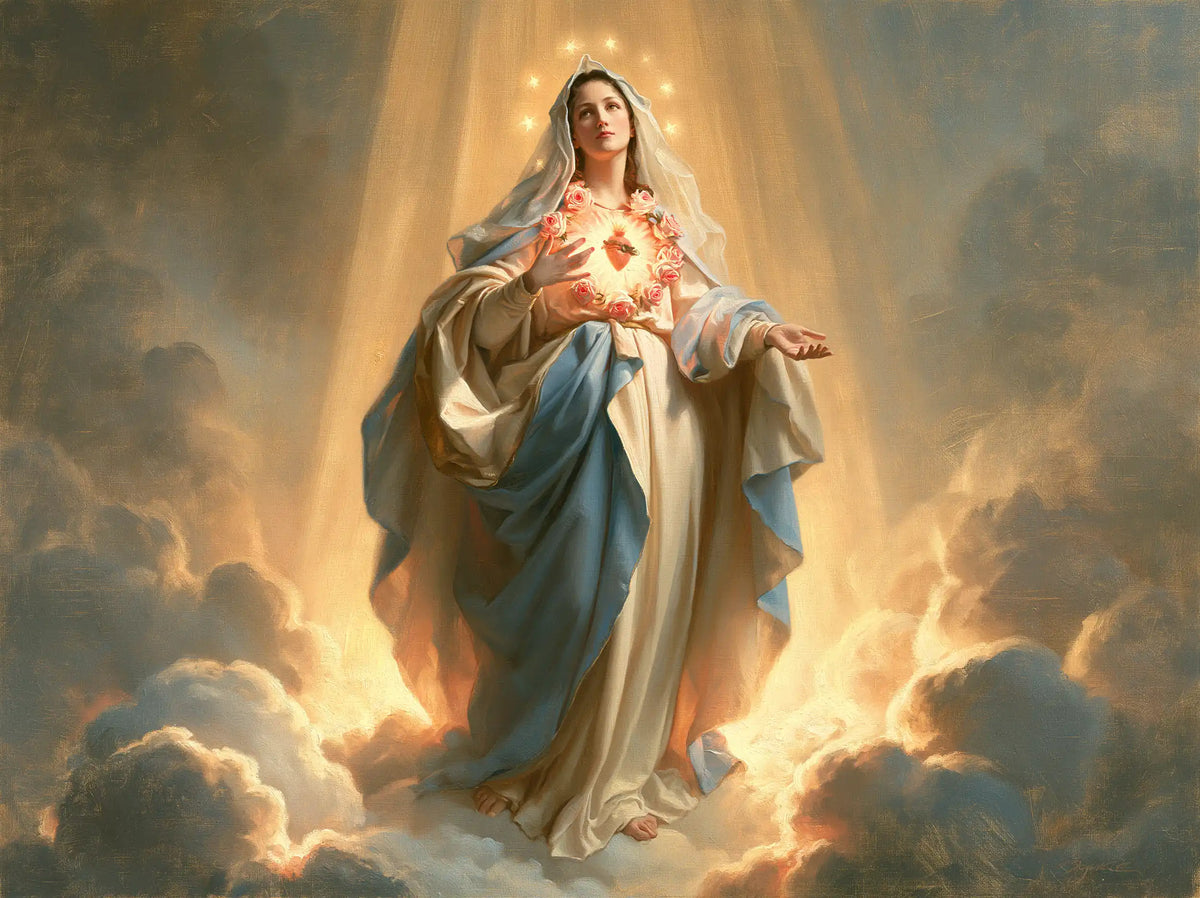 Mary upon the clouds with her Immaculate Heart in Mary upon the Clouds with the Immaculate Heart style, landscape Christian artwork no. 4
