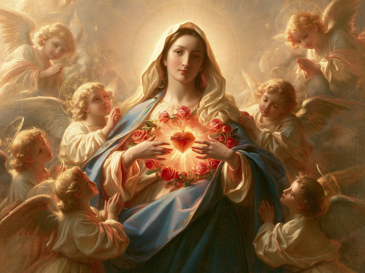 the Immaculate Heart of Mary surrounded by angels in Mary Surrounded by Angels style, landscape Christian artwork no. 3