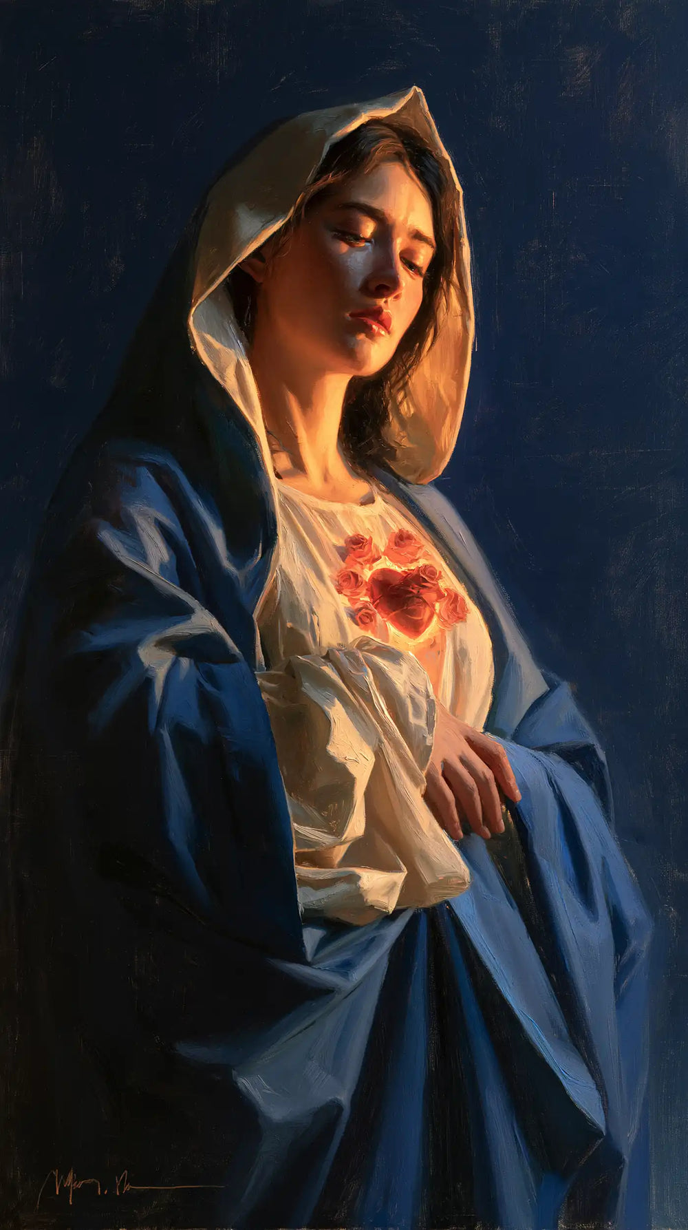 the Immaculate Heart of Mary in midnight-blue chiaroscuro in Midnight Blue Chiaroscuro style, portrait Christian artwork no. 7