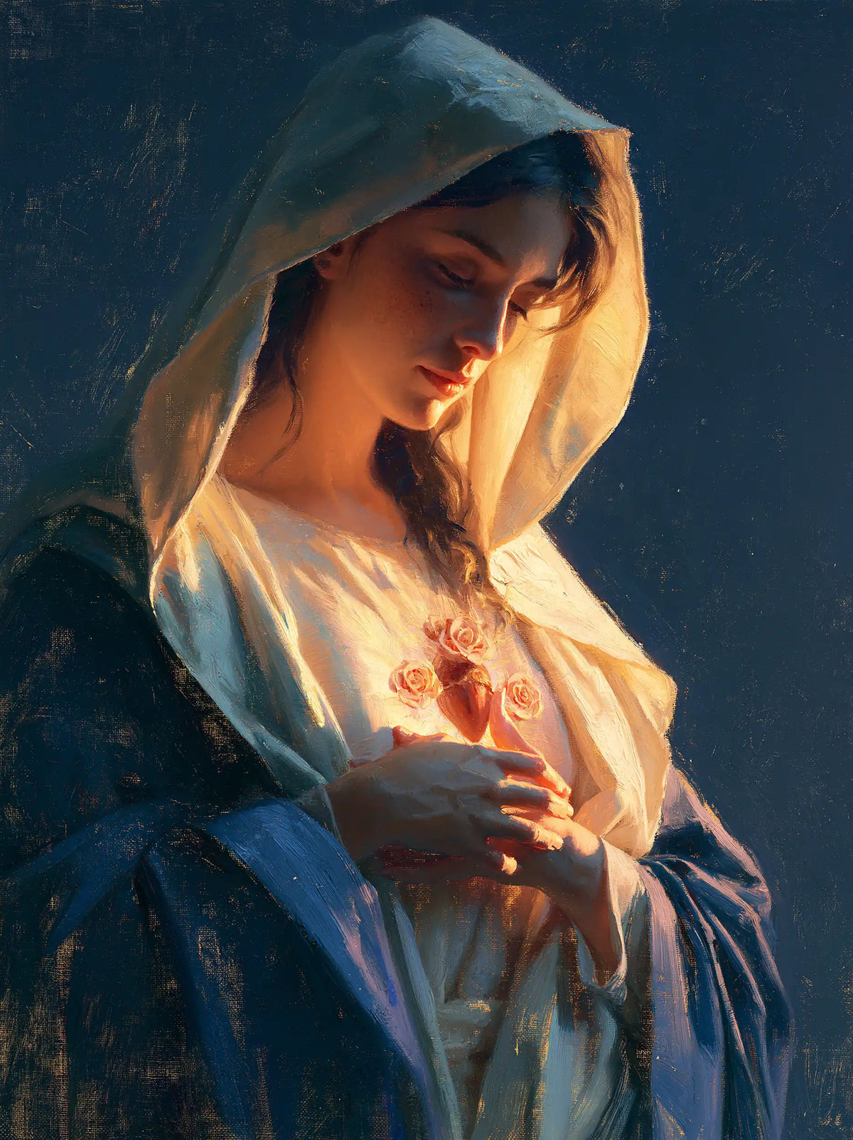 the Immaculate Heart of Mary in midnight-blue chiaroscuro in Midnight Blue Chiaroscuro style, portrait Christian artwork no. 19