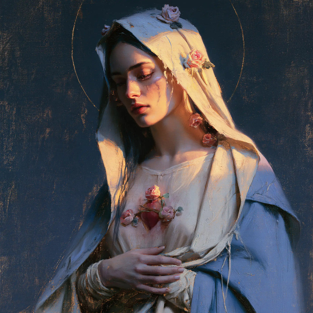 the Immaculate Heart of Mary in midnight-blue chiaroscuro in Midnight Blue Chiaroscuro style, square Christian artwork no. 7