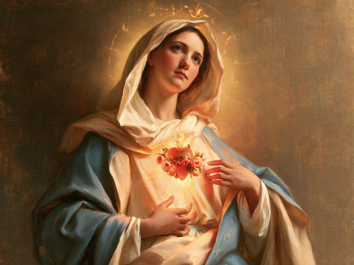 The Immaculate Heart of Mary — The Upturned Gaze Above the Red Garland
