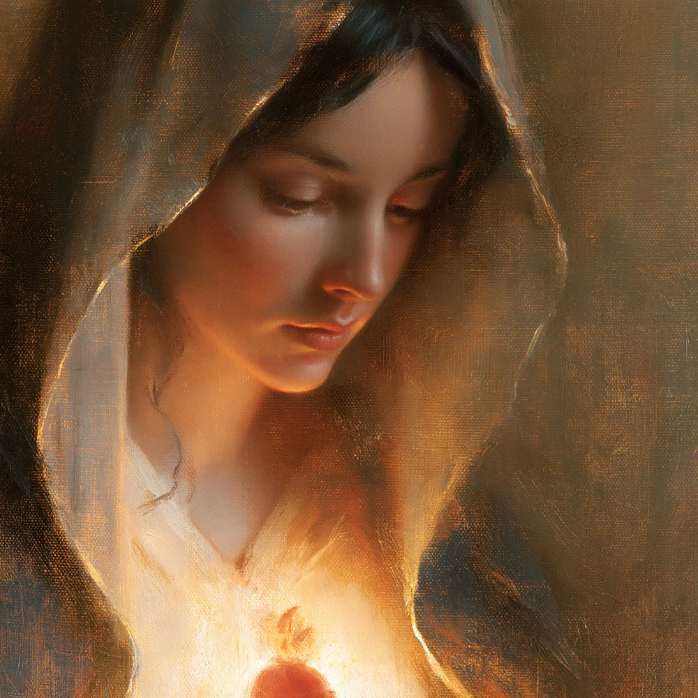 a close portrait of Mary with her Immaculate Heart in Psychological Close-Up style, square Christian artwork no. 3