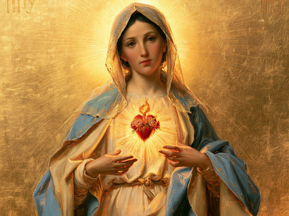 Mary revealing her Immaculate Heart in Sacred Gold style, landscape Christian artwork no. 4