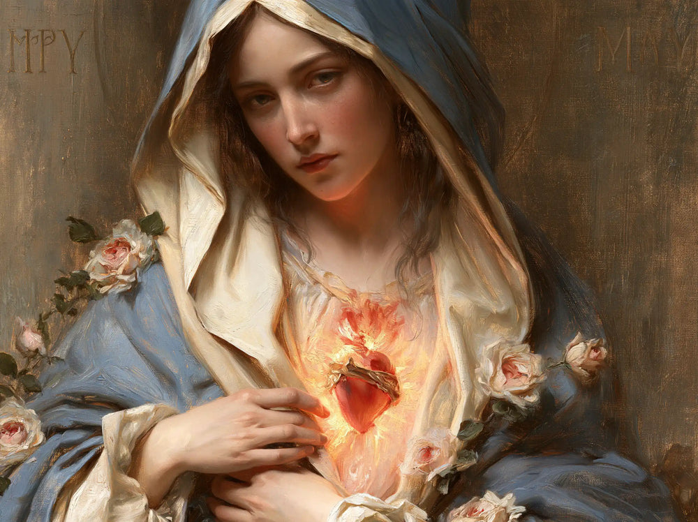 Mary with her Immaculate Heart in sacred maternal tenderness in Sacred Maternal Tenderness style, landscape Christian artwork no. 1
