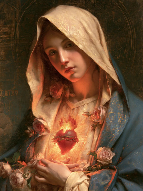 Mary with her Immaculate Heart in sacred maternal tenderness in Sacred Maternal Tenderness style, portrait Christian artwork no. 18