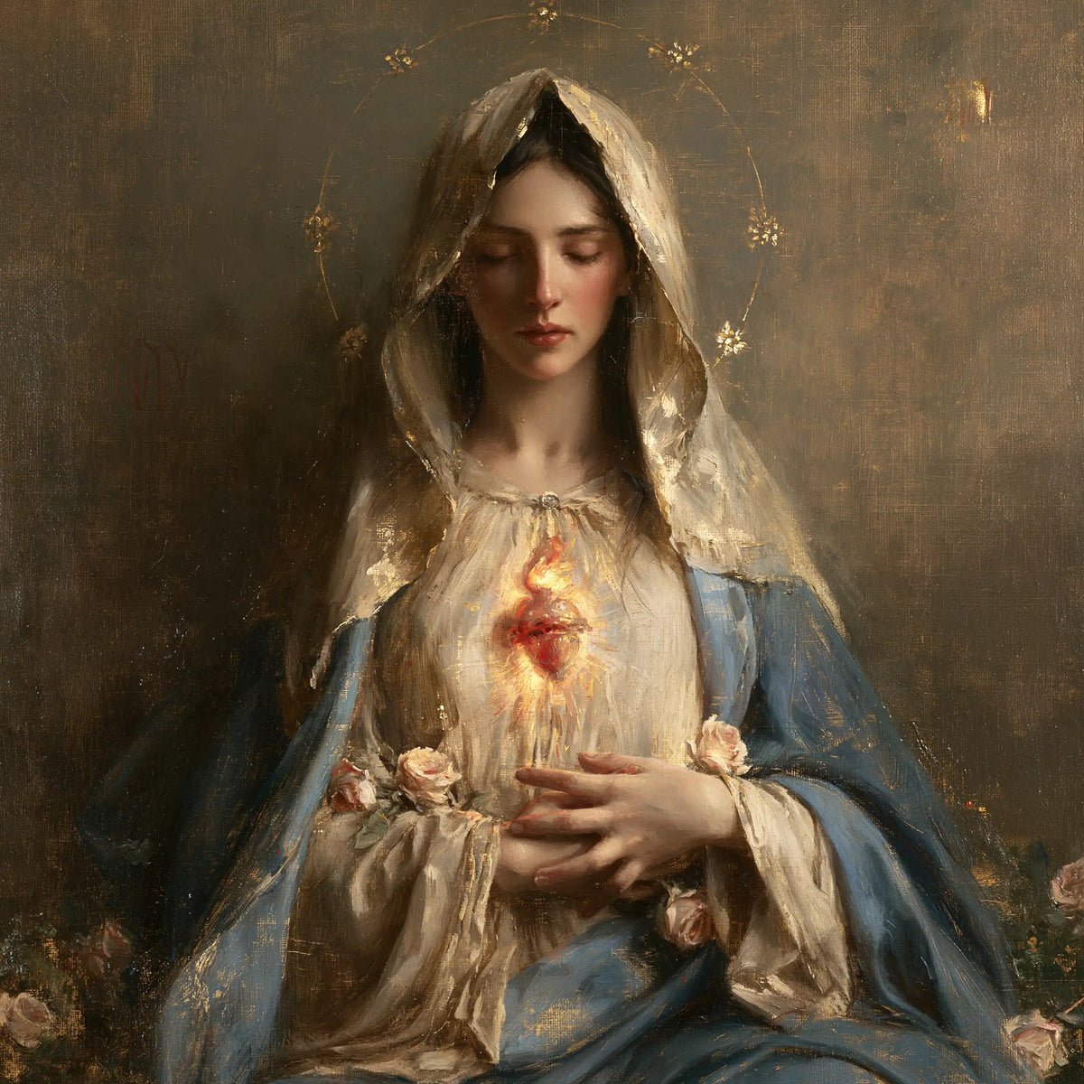 Mary with her Immaculate Heart in sacred maternal tenderness in Sacred Maternal Tenderness style, square Christian artwork no. 3