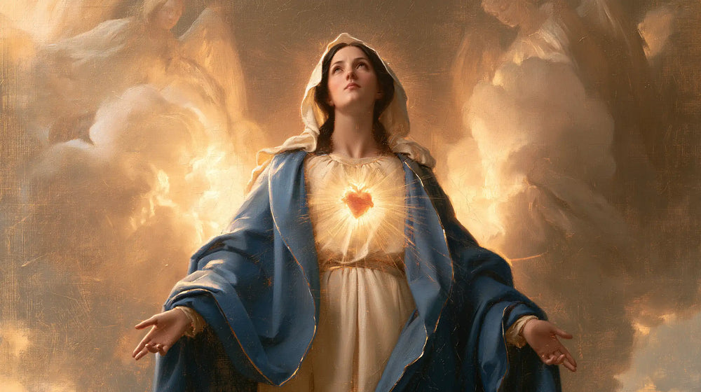 the Immaculate Heart of Mary in a monumental sacred view in Sacred Monumental View style, landscape Christian artwork no. 10