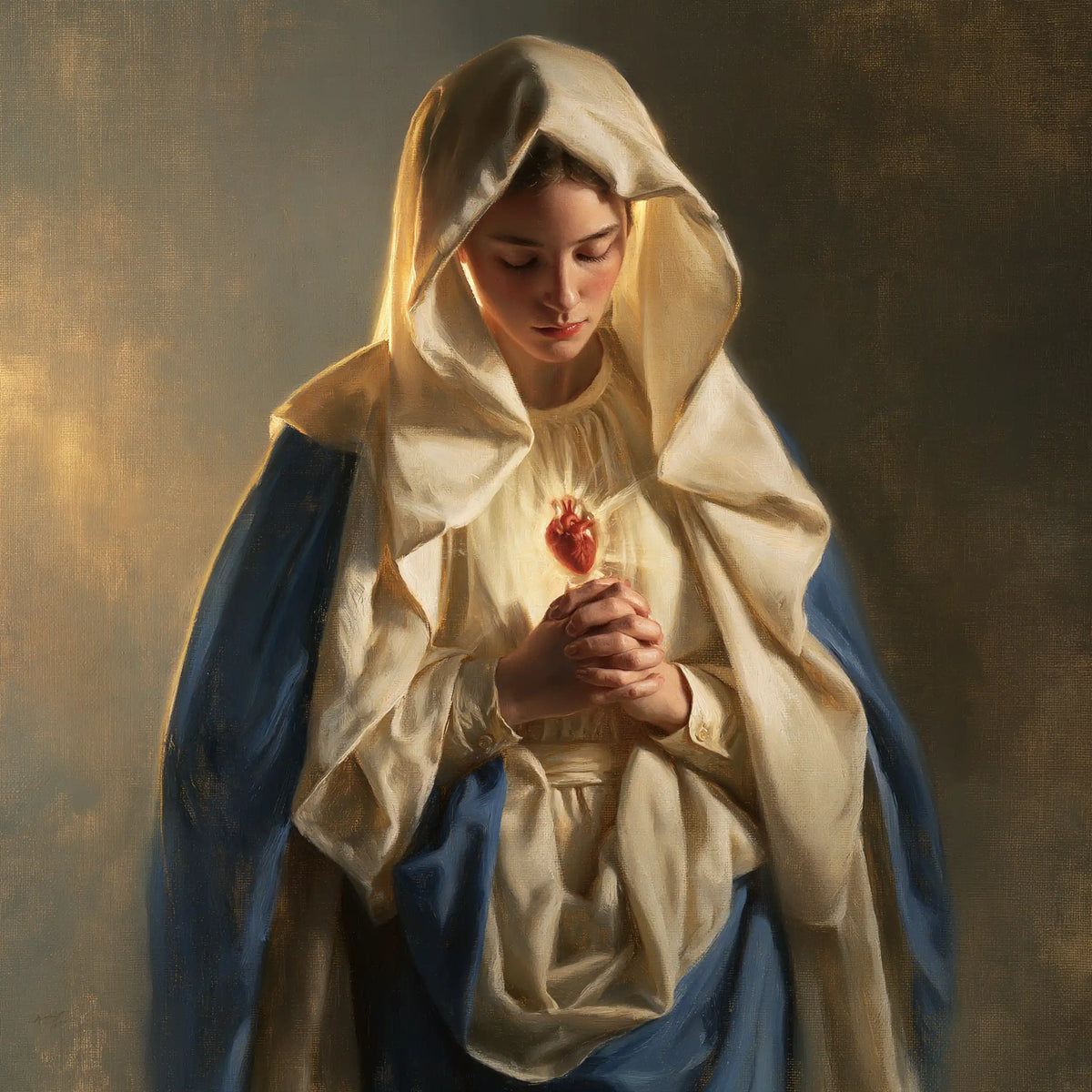 the Immaculate Heart of Mary in devotional silence in The Silence of Devotion style, square Christian artwork no. 6