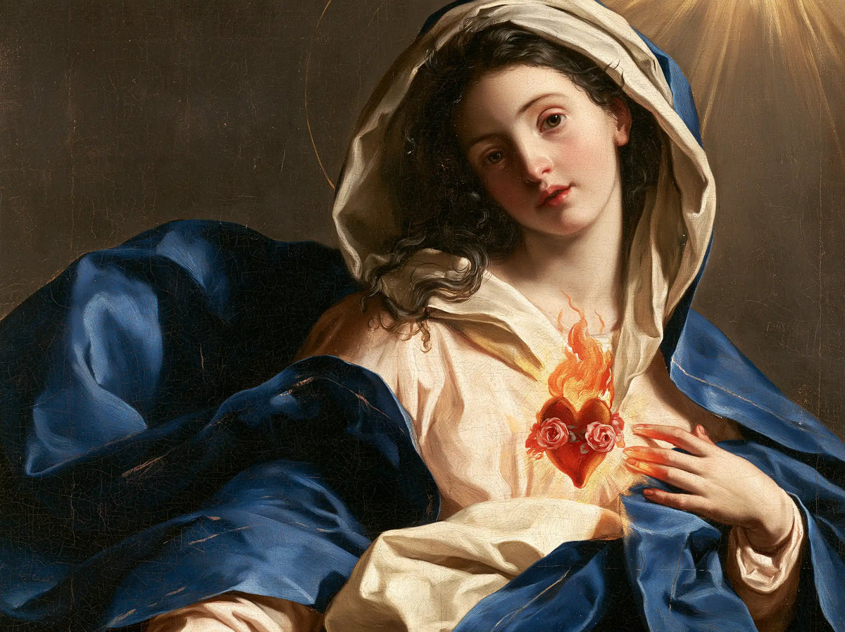 the Immaculate Heart of Mary in a theatrical Baroque scene in Theatrical Baroque style, landscape Christian artwork no. 10