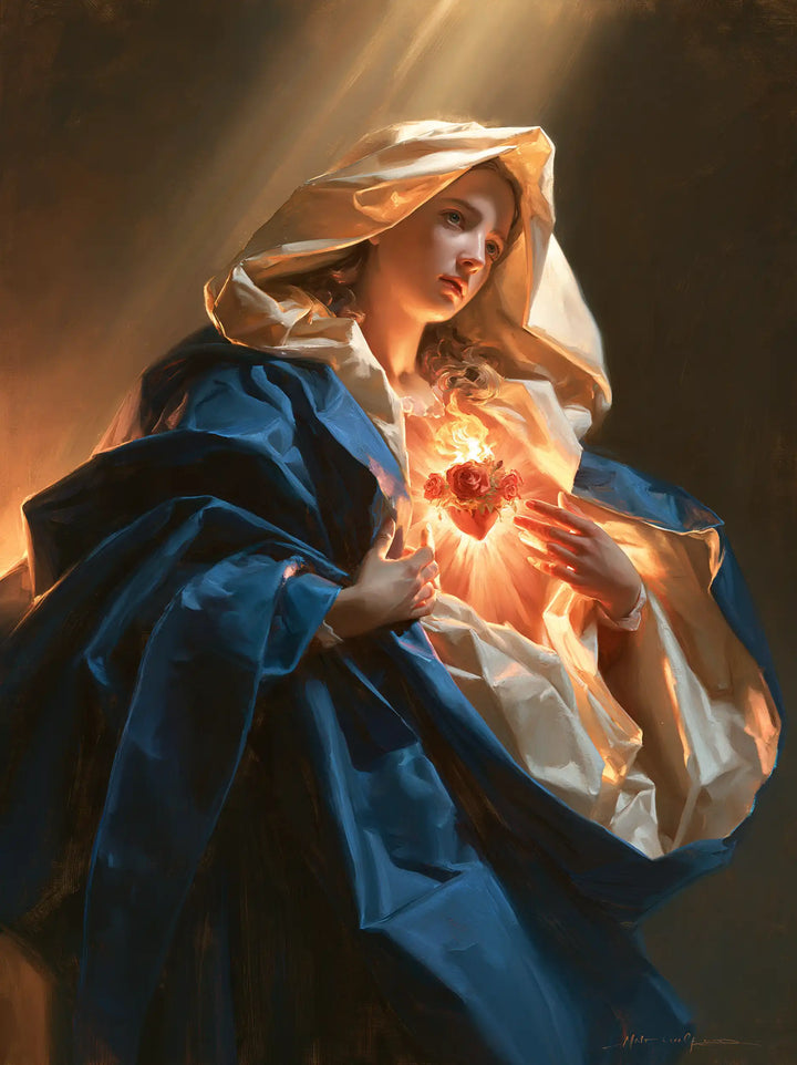 The Immaculate Heart of Mary — Burning Radiance in the Lifted Veil