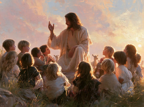 Jesus and the children gathered at dawn in Jesus and the Children at Dawn style, landscape Christian artwork no. 4