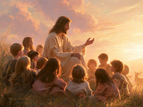 Jesus and the children gathered at dawn in Jesus and the Children at Dawn style, landscape Christian artwork no. 5