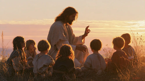 Jesus and the children gathered at dawn in Jesus and the Children at Dawn style, landscape Christian artwork no. 7