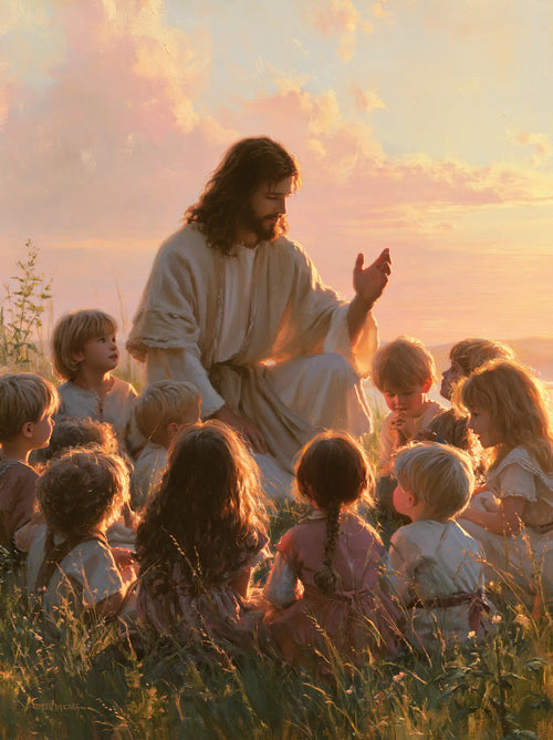 Jesus and the children gathered at dawn in Jesus and the Children at Dawn style, portrait Christian artwork no. 9