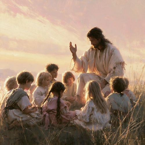 Jesus and the children gathered at dawn in Jesus and the Children at Dawn style, square Christian artwork no. 4