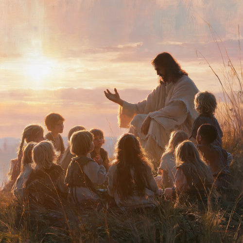 Jesus and the children gathered at dawn in Jesus and the Children at Dawn style, square Christian artwork no. 6