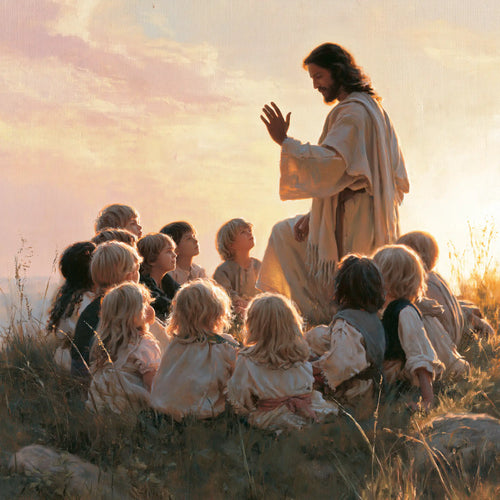 Jesus and the children gathered at dawn in Jesus and the Children at Dawn style, square Christian artwork no. 8