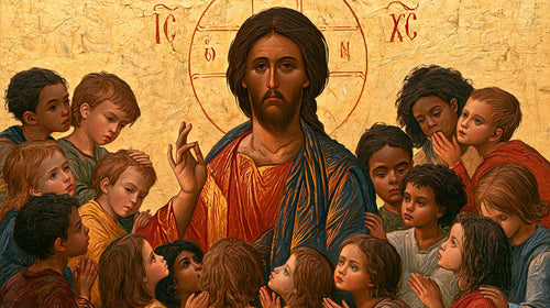 Jesus and the children in a contemporary Byzantine icon in Contemporary Byzantine style, landscape Christian artwork no. 12