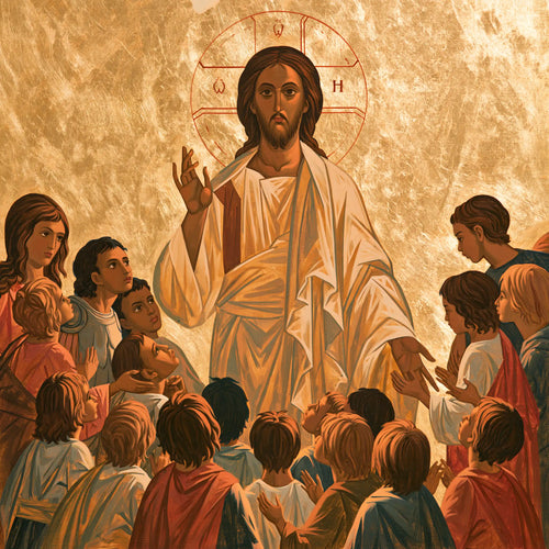 Jesus and the children in a contemporary Byzantine icon in Contemporary Byzantine style, square Christian artwork no. 3