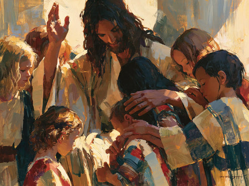 Jesus surrounded by children in an expressionist composition in Expressionist style, landscape Christian artwork no. 2
