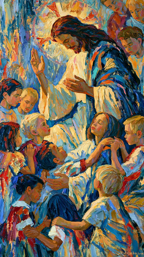 Jesus surrounded by children in an expressionist composition in Expressionist style, portrait Christian artwork no. 5