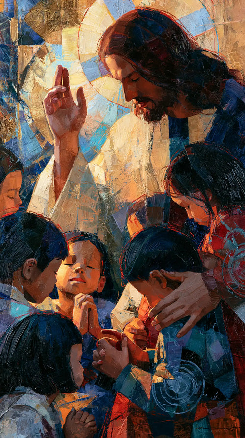 Jesus surrounded by children in an expressionist composition in Expressionist style, portrait Christian artwork no. 6