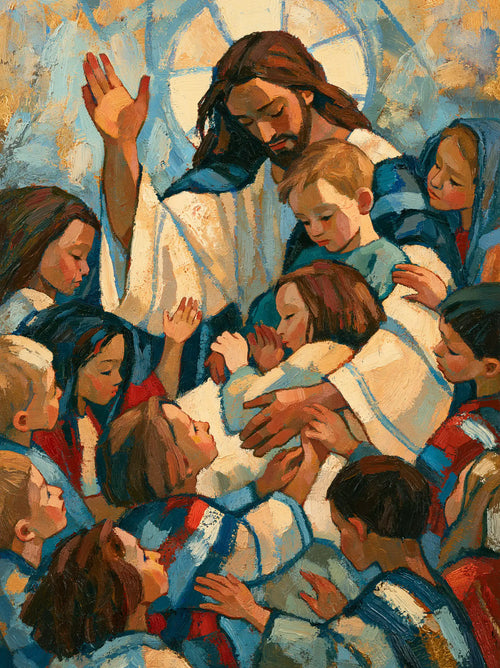 Jesus surrounded by children in an expressionist composition in Expressionist style, portrait Christian artwork no. 12