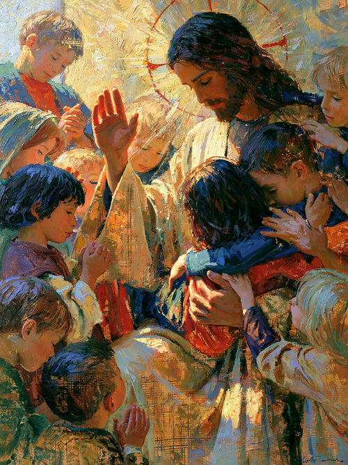 Jesus surrounded by children in an expressionist composition in Expressionist style, portrait Christian artwork no. 13