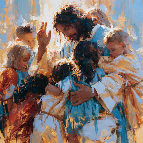 Jesus surrounded by children in an expressionist composition in Expressionist style, square Christian artwork no. 5