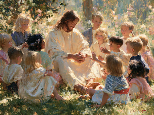 Jesus with children in an impressionist atmosphere in Impressionist style, landscape Christian artwork no. 1