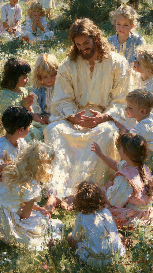 Jesus with children in an impressionist atmosphere in Impressionist style, portrait Christian artwork no. 7