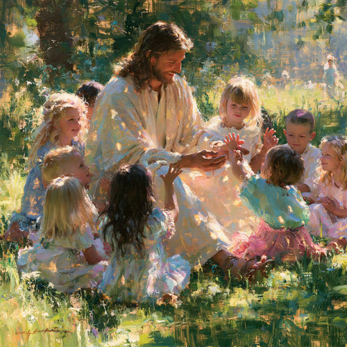 Jesus with children in an impressionist atmosphere in Impressionist style, square Christian artwork no. 1