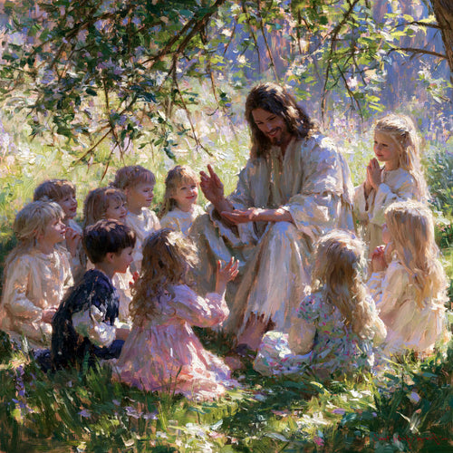 Jesus with children in an impressionist atmosphere in Impressionist style, square Christian artwork no. 4