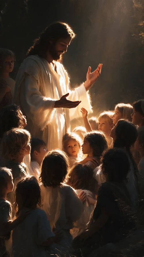 Jesus as divine light among the children in Jesus as Divine Light style, portrait Christian artwork no. 6