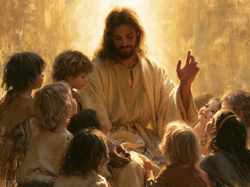 Jesus welcoming children in radiant golden light in Sacred Gold style, landscape Christian artwork no. 4