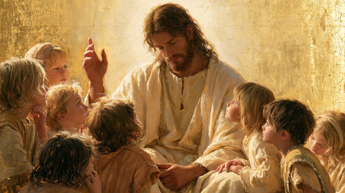 Jesus welcoming children in radiant golden light in Sacred Gold style, landscape Christian artwork no. 9