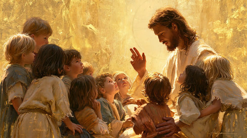 Jesus welcoming children in radiant golden light in Sacred Gold style, landscape Christian artwork no. 10