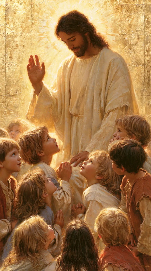 Jesus welcoming children in radiant golden light in Sacred Gold style, portrait Christian artwork no. 8