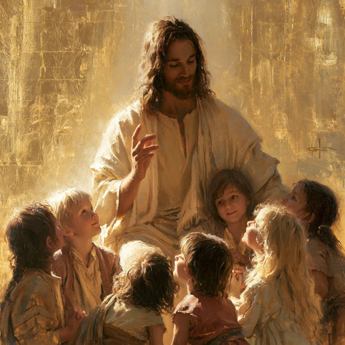 Jesus welcoming children in radiant golden light in Sacred Gold style, square Christian artwork no. 5
