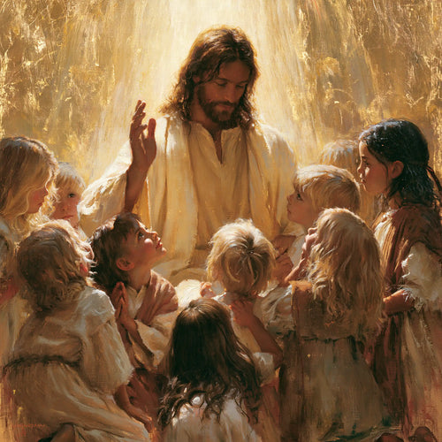 Jesus welcoming children in radiant golden light in Sacred Gold style, square Christian artwork no. 6