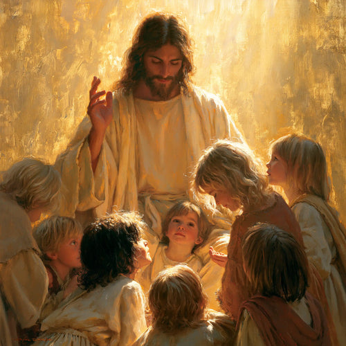 Jesus welcoming children in radiant golden light in Sacred Gold style, square Christian artwork no. 8
