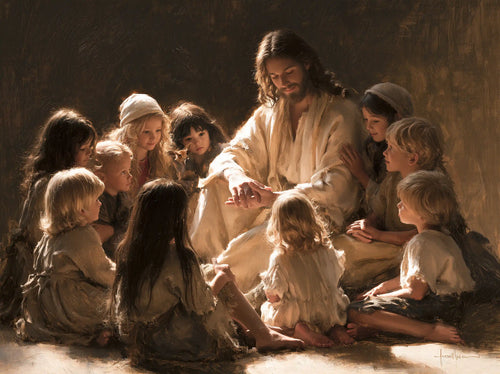 Jesus with children in a meditation on sacred innocence in Innocence as a Sacred Symbol style, landscape Christian artwork no. 2